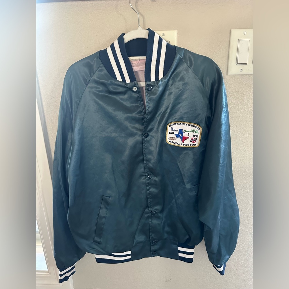 VINTAGE Westark Blue Satin Bomber Button Jacket with Patch Size Large